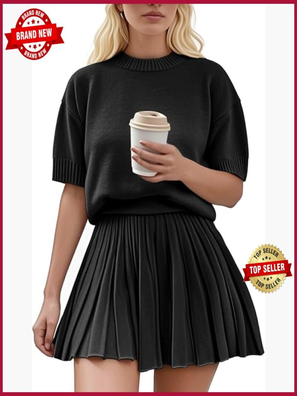 Short Sleeve Knit Top and Pleated Mini Skirt 2 Piece Set